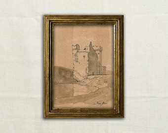 Original, NOT A PRINT - Castle art, Old ruins charcoal sketch, minimalist castle drawing, Fortress artwork, castle tower art - Unframed art