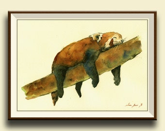 Lesser panda red panda red cat bear head painting watercolor PRINT Panda red    - Art Print by Juan Bosco