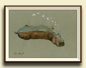 PRINT-Hippo swimming with lilies africa - hippo nursery art wall - safari decor artwork hippopotamus - Art Print by Juan Bosco