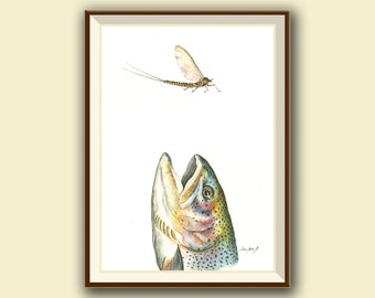 PRINT- Rainbow Trout eating fly - watercolor painting print - fishing decor- art wall decal -sport fly fishing - Art Print by Juan Bosco