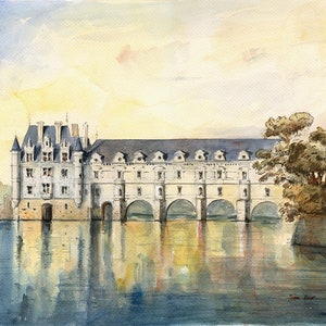 May include: Watercolor painting of a white castle with a bridge over a river. The castle has a tall tower and many windows. The river is calm and reflects the sky and the castle. The painting is done in a soft, muted palette of blues, greens, and yellows.