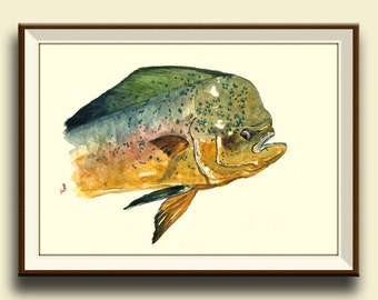 PRINT-Mahi mahi fish, mahi mahi art, mahi mahi print,  dolphingfish head portrait  - Art Print by Juan Bosco