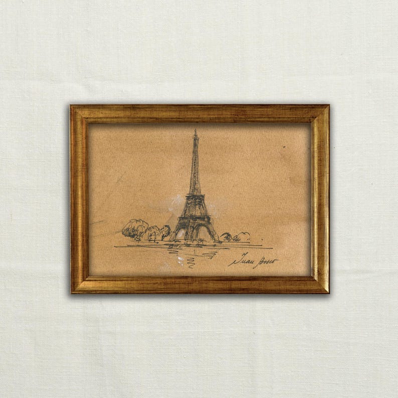 Original, KEIN DRUCK – Eiffelturm-Kunst, Kohlezeichnung aus Paris, minimalistische Bleistiftzeichnung des Eiffelturms, Frankreich, Eiffelturm-Skizze.