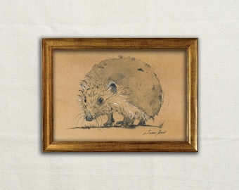 Original, NÃO É UMA IMPRESSÃO - Arte de ouriço, esboço de ouriço a carvão, ouriço mínimo, desenho de Erinaceinae, ilustração de ouriço - Arte sem moldura.
