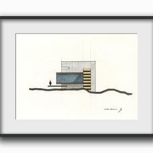 May include: A black and white line drawing of a modern house with a flat roof and large windows. The house is set against a simple background of a grassy hill. The drawing is signed "Juan Bosco".