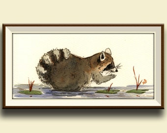 PRINT-Raccoon in the forest- cute animal raccoon art wall decor- print from watercolor painting - Art Print by Juan Bosco