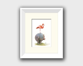 PRINT - Hippo and flamingo bird watercolor painting - Hippo painting - hippo print  flamingo art -  Prints by Juan Bosco