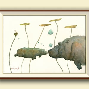 PRINT-Hippo Mom and baby swimming with lilies africa - hippo nursery art wall - safari decor artwork hippopotamus - Art Print by Juan Bosco