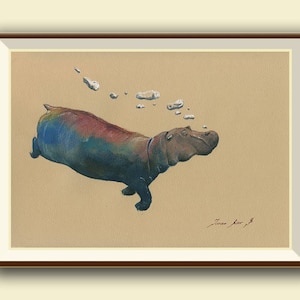 PRINT-Hippo swimming with bubbles africa - hippo nursery art wall - safari decor artwork hippopotamus - Art Print by Juan Bosco