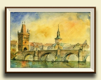 PRINT-Prague Charles Bridge the Vltava river - Czech Republic-  city  architecture cityscape  - Art Print by Juan Bosco