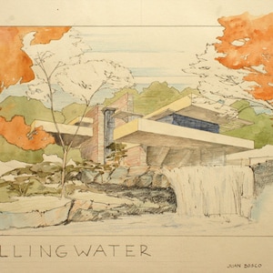 PRINT Fallingwater house Frank Lloyd Wright Architecture drawing art print from original Watercolor painting by Juan bosco image 1