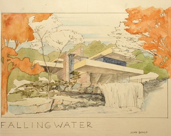 PRINT- Fallingwater house Frank Lloyd Wright Architecture drawing - art print from original Watercolor painting by Juan bosco