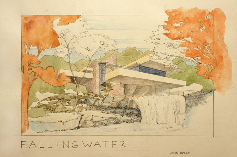 PRINT Fallingwater house Frank Lloyd Wright Architecture drawing art print from original Watercolor painting by Juan bosco image 1