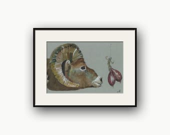 Bighorn Sheep original watercolor painting, Sheep watercolor illustration, Sheep print, Bighorn sheep America, Ovis canadensis by Juan Bosco