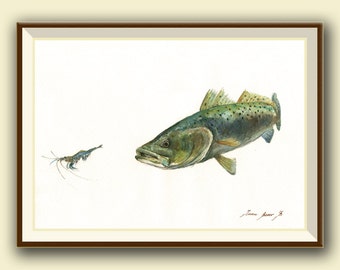 PRINT- Seatrout bait shrimp - saltwater gamefish - fishing art - fish print painting art print - fishing decor - Art Print by Juan Bosco