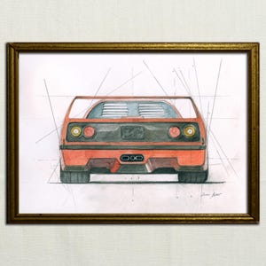 Arte del coche Ferrari F40, impresión de Ferrari, póster de Ferrari F40, acuarela de Ferrari, Ferrari clásico, calcomanía de coche, arte de Ferrari por Juan Bosco
