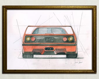 Ferrari F40 car art, ferrari print, ferrari f40 poster, ferrari watercolor, ferrari classic, car decal auto Ferrari art by Juan Bosco