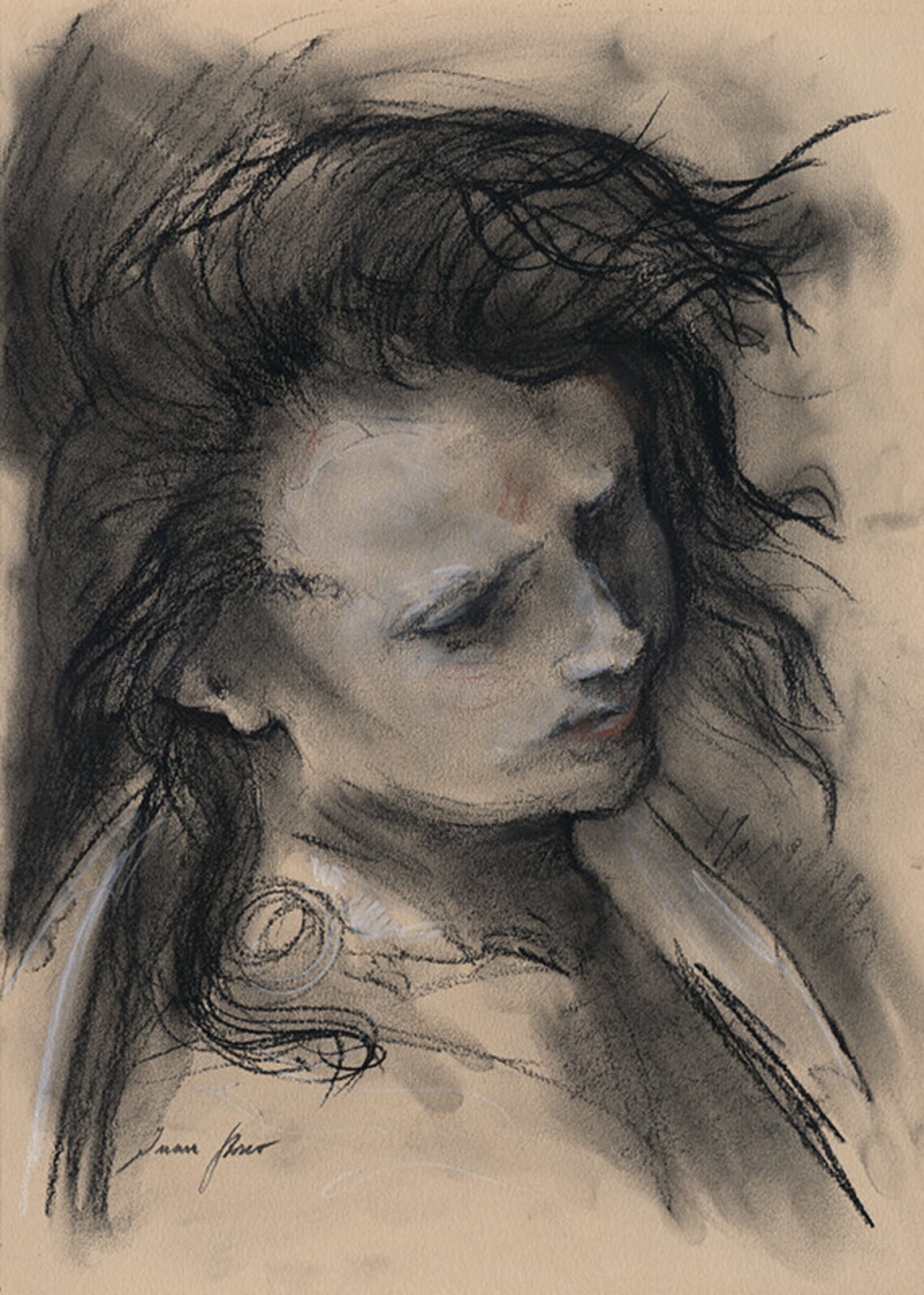 Charcoal Drawing Woman Art Print Original Head Study Etsy