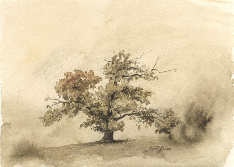 K&ouml;nnte beinhalten: Ein Aquarellbild eines gro&szlig;en Baumes mit braunen und gr&uuml;nen Bl&auml;ttern vor einem hellbraunen Hintergrund. Die Unterschrift des K&uuml;nstlers "Jean-Pierre" befindet sich unten rechts.