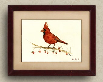 PRINT-Northern Red Cardinal  bird print watercolor painting art wall bird cardinal song bird - Art Print by Juan Bosco