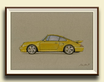 PRINT-Porsche 911 993 turbo S yellow - Porsche classic - print watercolor painting art wall car decal auto Porsche - art by Juan Bosco