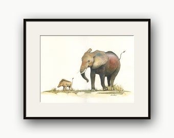 Elephant & Warthog watercolor painting, elephant art, warthog print, African animals, African creatures, elephant watercolor, by Juan Bosco
