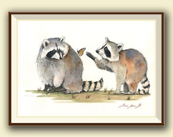 PRINT-Raccoons & butterlfy - raccoon nursery wall decal - print from original watercolor painting  - Art Print by Juan Bosco