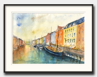 Copenhagen painting -Nyhavn Copenhagen Denmark -Cityscape Capital Europe - Denmark art - Watercolor painting & Prints by Juan Bosco