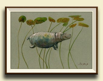 PRINT-Hippo swimming with lilies africa - hippo nursery art wall - safari decor artwork hippopotamus - Art Print by Juan Bosco