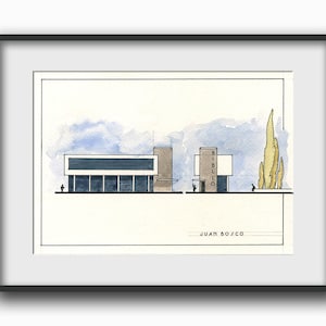 Architectonisch, - technische doorsnede plattegrondtekening - architect technisch aquarel illustratie - kunst Afdruk naar origineel door Juan Bosco