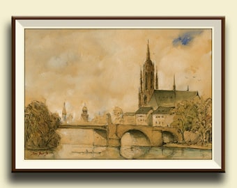 PRINT-Frankfurt am Main - Dom Cathedral  river-  Germany  architecture cityscape - Deutschland landscape  - Art Print by Juan Bosco