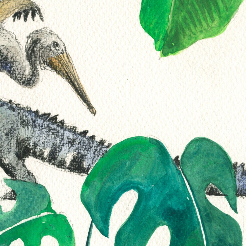 Op de afbeelding: Waterverf schilderij van een vogel met een lange snavel en een lange staart, die op een tak zit met groene bladeren. De vogel is grijs en bruin, en de bladeren zijn een levendig groen.