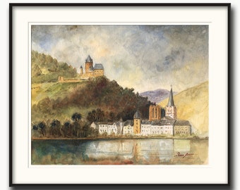 Bacharach watercolor, Romantic Rhine valley painting, castle Rhine river painting Germany, rhine painting landscape by Juan Bosco