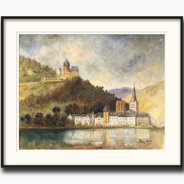 Acuarela de Bacharach, pintura romántica del valle del Rin, pintura del castillo del río Rin Alemania, pintura del paisaje del Rin de Juan Bosco