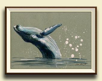 PRINT-Whale - Humpback whale print - artwork art print watercolor painting - ocean blue whale nursery wall decal- Art Print by Juan Bosco