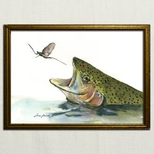Regenbogen Forelle Fisch fressende Eintagsfliege - Fliegenfischen Fluss Print Aquarell Malerei Kunst Wand Bachforelle Portrait - Kunstdruck von Juan Bosco