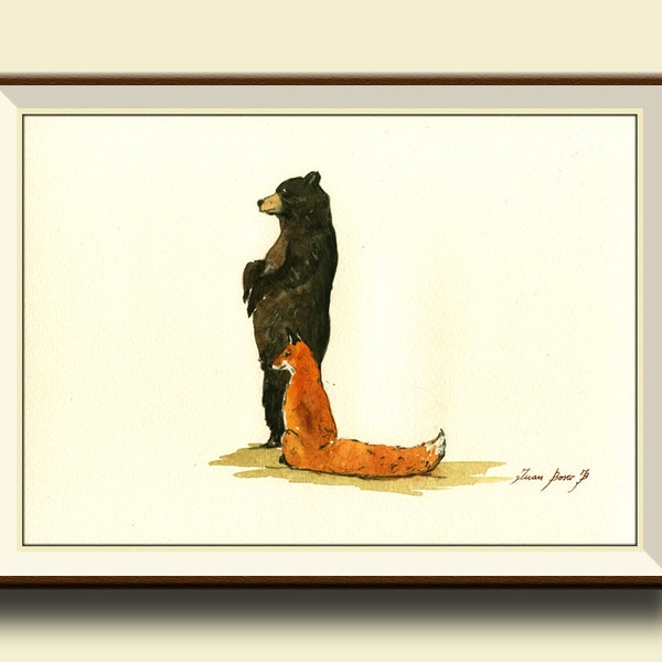 PRINT-Letter L Black bear Red Fox- Woodland Forest animal Alphabet letters watercolor print  - Art Print by Juan Bosco
