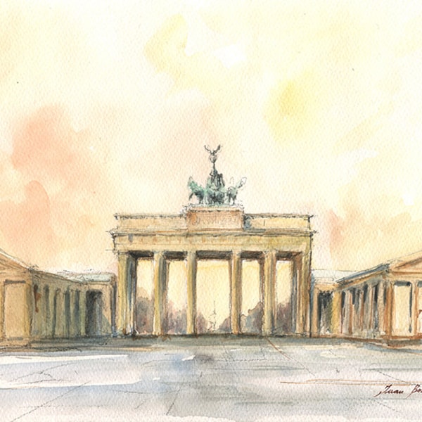 Pintura de Berlín - Paisaje urbano de Brandenburger Tor - Puerta de Brandenburgo Capital Europa - Arte de Berlín - Pintura de acuarela y grabados de Juan Bosco