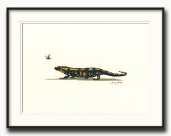 Fire Salamander watercolor, fire salamander print, fire salamander art wall, fire salamander painting art, amphibian animal by Juan Bosco