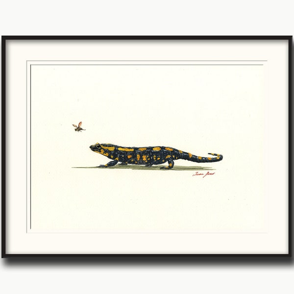 Feuer Salamander Aquarell, Feuer Salamander Druck, Feuer Salamander Kunst Wand, Feuer Salamander Malerei Kunst, Amphibien Tier von Juan Bosco