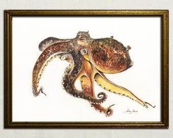 プリント、タコの水彩画、タコの絵画、タコの絵、タコのプリント、タコ