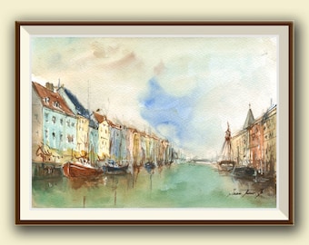 Copenhagen painting -Nyhavn Copenhagen Denmark -Cityscape Capital Europe - Denmark art - Print from Watercolor painting by Juan Bosco