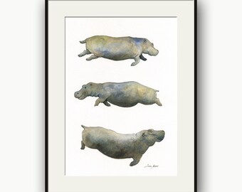 Hippopotamus watercolor on paper painting, hippo illustration, Hippopotamus amphibius, Hippopotamuses artwork, African animals by Juan Bosco