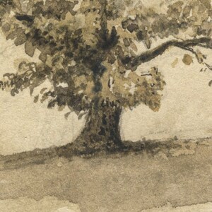 K&ouml;nnte beinhalten: Ein Aquarellbild eines Baumes mit einem dicken Stamm und &Auml;sten. Der Baum ist in Braun- und Graut&ouml;nen auf einem hellbeigen Hintergrund gemalt.
