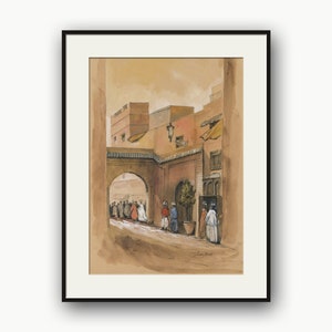 STAMPA - Acquerello della Medina di Marrakech, vita di strada in Marocco, illustrazione di architettura orientalista, Almoravidi e Berberi.