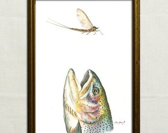 PRINT- Rainbow Trout eating fly - watercolor painting print - fishing decor- art wall decal -sport fly fishing - Art Print by Juan Bosco