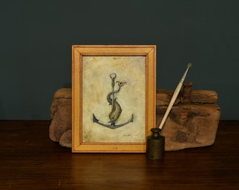 Dolphin around anchor oil on wood painting, make haste slowly, Festina lente, dolphin oil artwork, Nautical art illustrations by Juan Bosco.