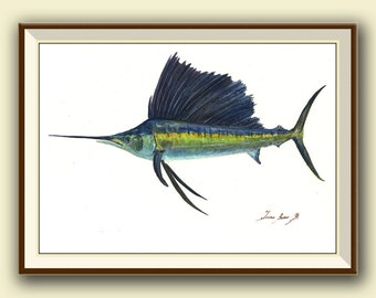 PRINT-Sailfish - billfish fish swordfish marlin  print watercolor painting art wall fish billfish animal sea  - Art Print by Juan Bosco