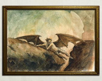 Lucifer aquarel op papier schilderij, duivel illustratie, de gevallen engel, demon schets tekening, Satan portret schets, duivel door Juan Bosco