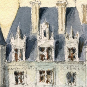 May include: Watercolor painting of a white building with a gray roof and multiple towers. The building has many windows and a detailed facade.